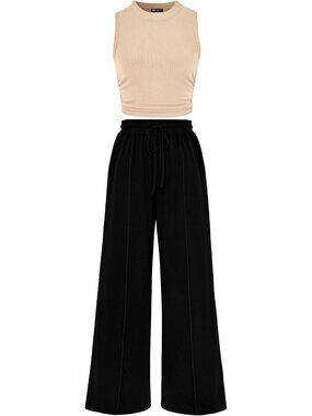 Women's Apricot Black 2 Piece Ribbed Knit Lounge Sets Tracksuit Sleeveless